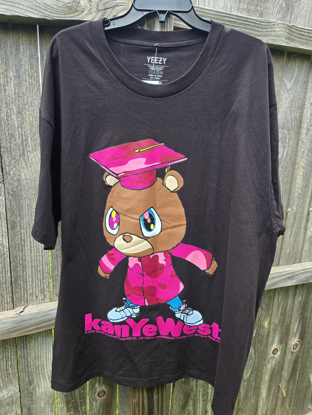 Yeezy Kanye West Black Graphic Tee with Pink College Dropout Bear Print
